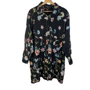 Calessa Embroidered Artsy Floral Button Up Duster Women 3X Black Lightweight
